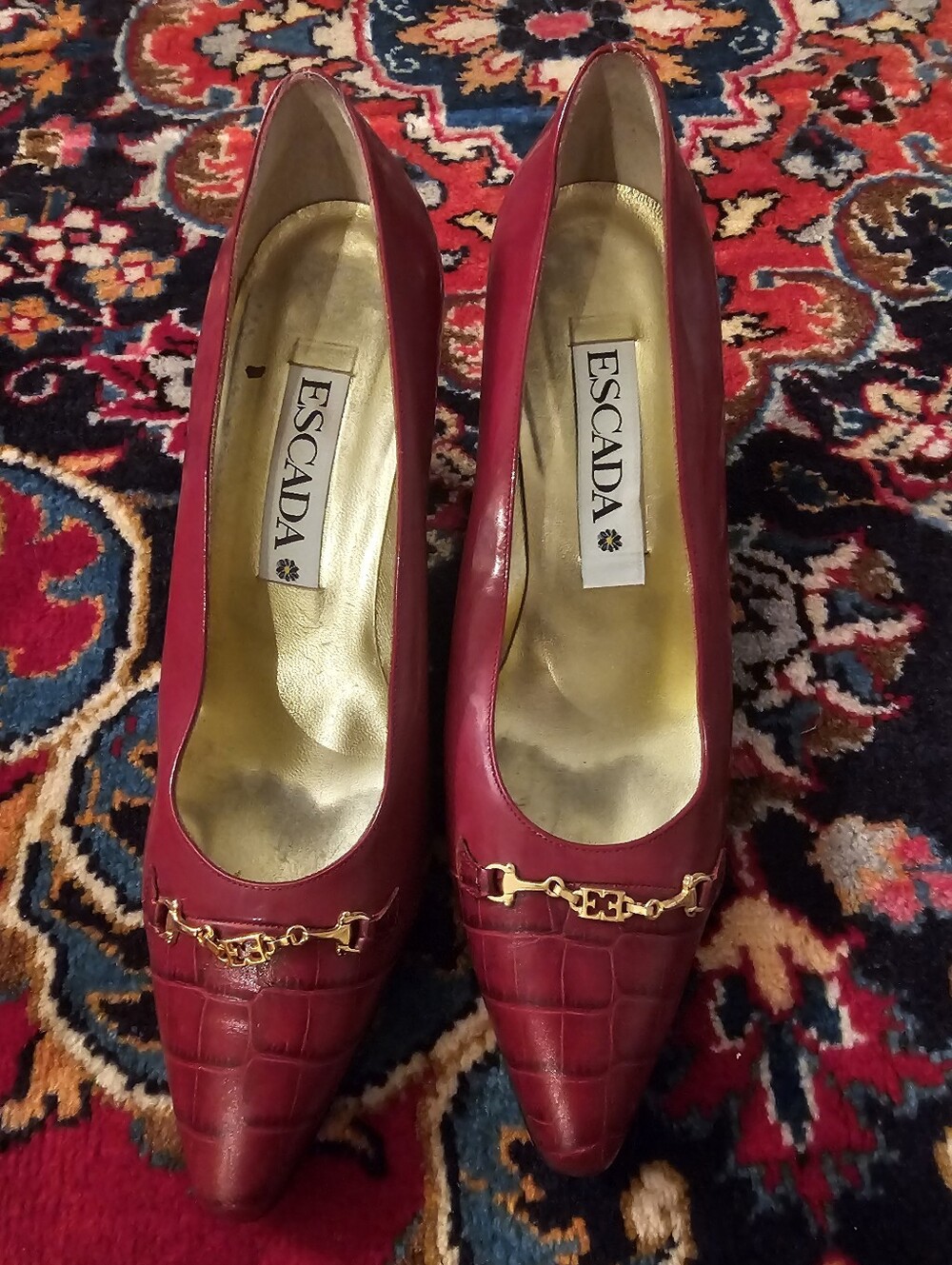 Escada Red Croc-Embossed Pointed Toe Pumps with Gold Chain